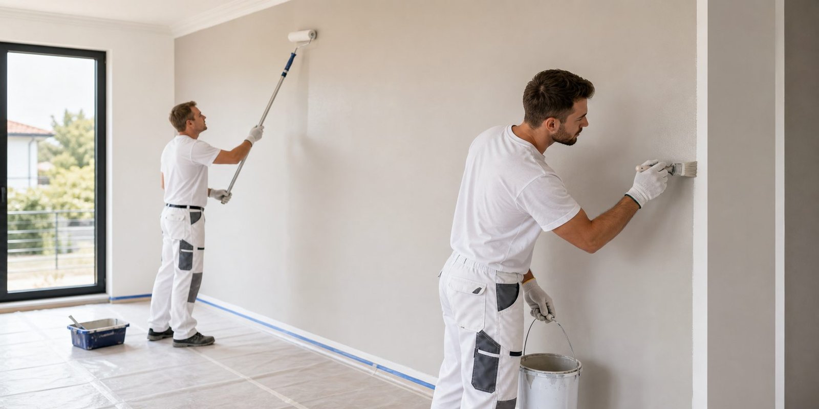 Zwei Maler in weißer Arbeitskleidung streichen die Wände eines leeren Wohnraums mit Rolle und Pinsel