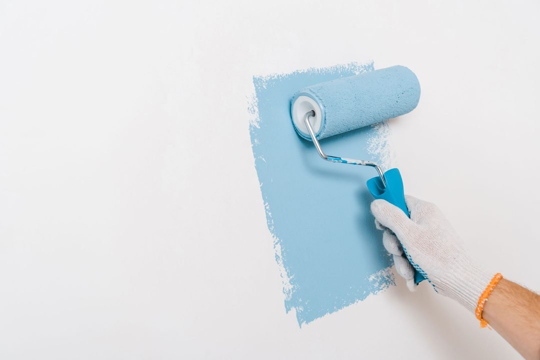 Farbroller trägt frische Farbe gleichmäßig auf eine ausgebesserte Wand auf