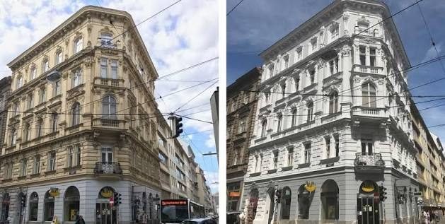 Wiener Altbaufassade vor und nach dem Neuanstrich: links der vergilbte Zustand, rechts die frisch gestrichene Fassade
