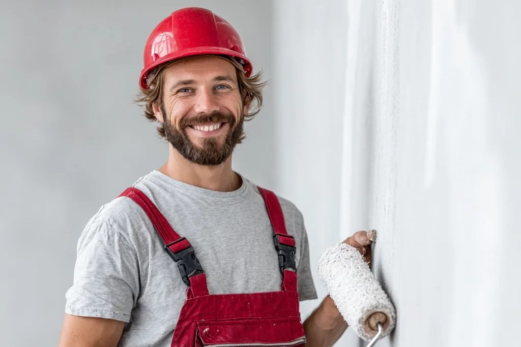 Maler mit rotem Schutzhelm streicht eine Wand mit dem Farbroller weiß